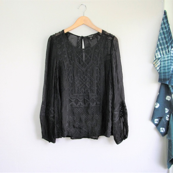 Lucky Brand Tops - Lucky Brand black chiffon embroidered boho blouse